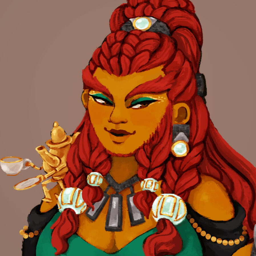 Female dwarf with red hair done up in several braids and brown-orange skin.