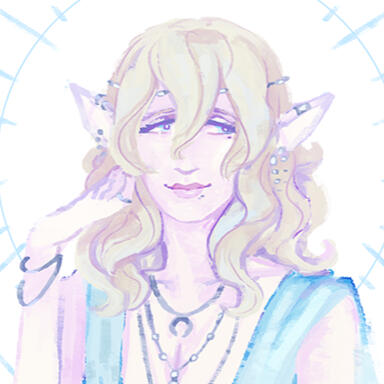 A pale moon elf with light, wavy blond hair, sleepy-lidded blue eyes, and adorned with lots of thin silver jewelry.